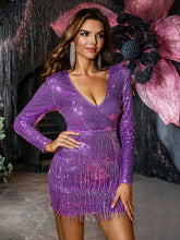 Double Crazy Sequin Embellished Fitted Long Sleeve Party Mini Dress